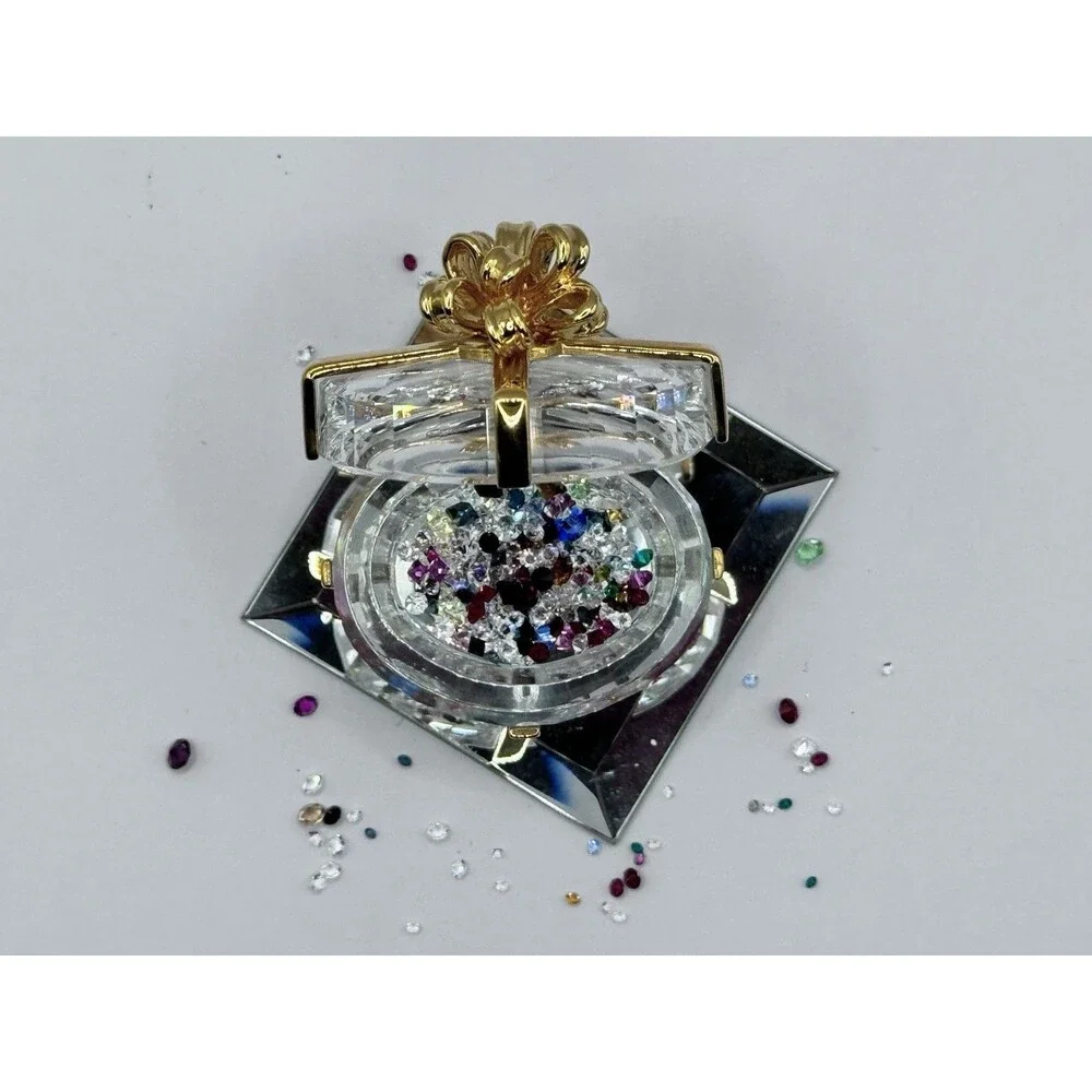 Glass Trinket Box Gold Bow Hinged Jewelry Holder Ring Box w Mirror
